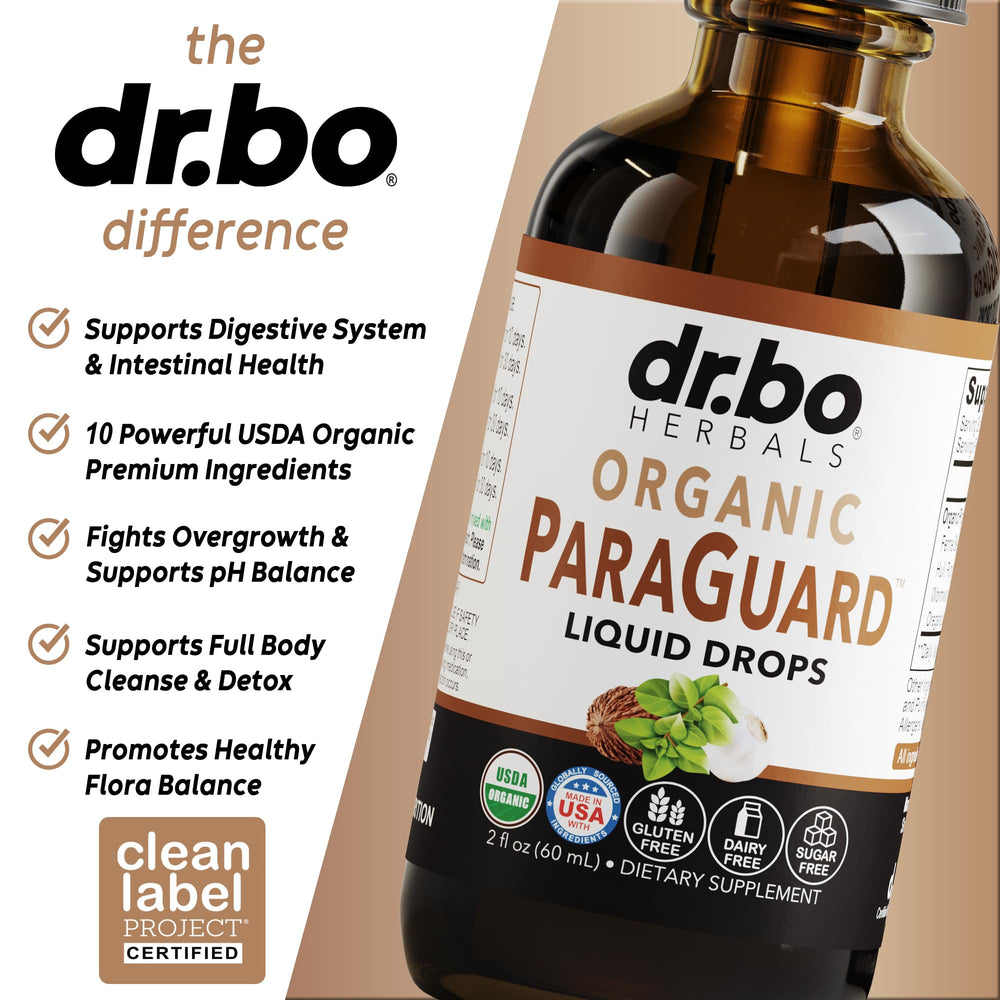 Graphic representing gut health and flora balance with herbal drops