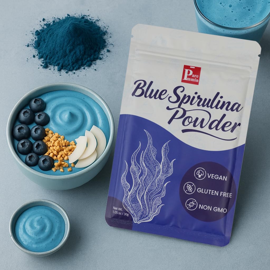 Blue spirulina added to yogurt bowl and breakfast bowls