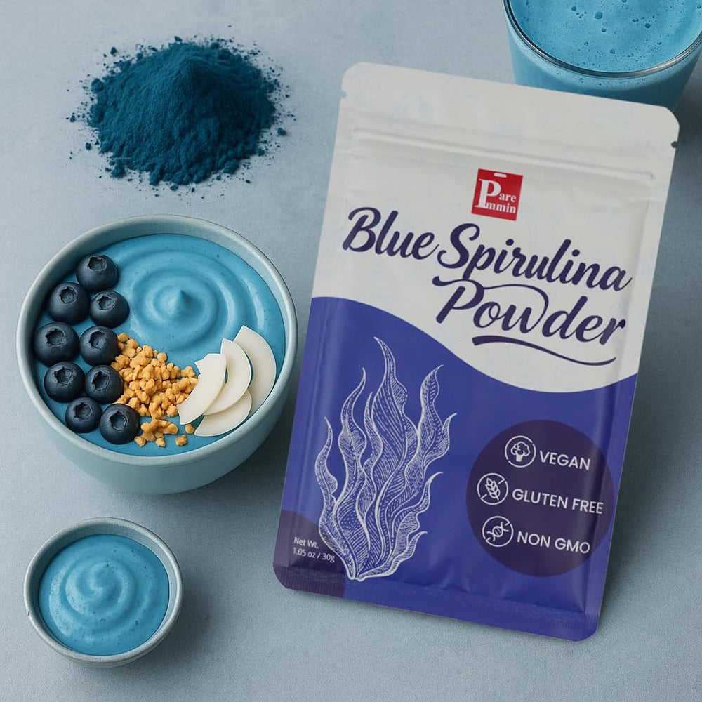 Blue spirulina added to yogurt bowl and breakfast bowls