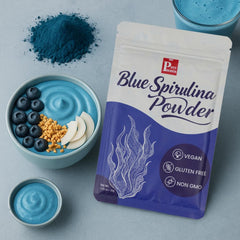 Blue spirulina added to yogurt bowl and breakfast bowls