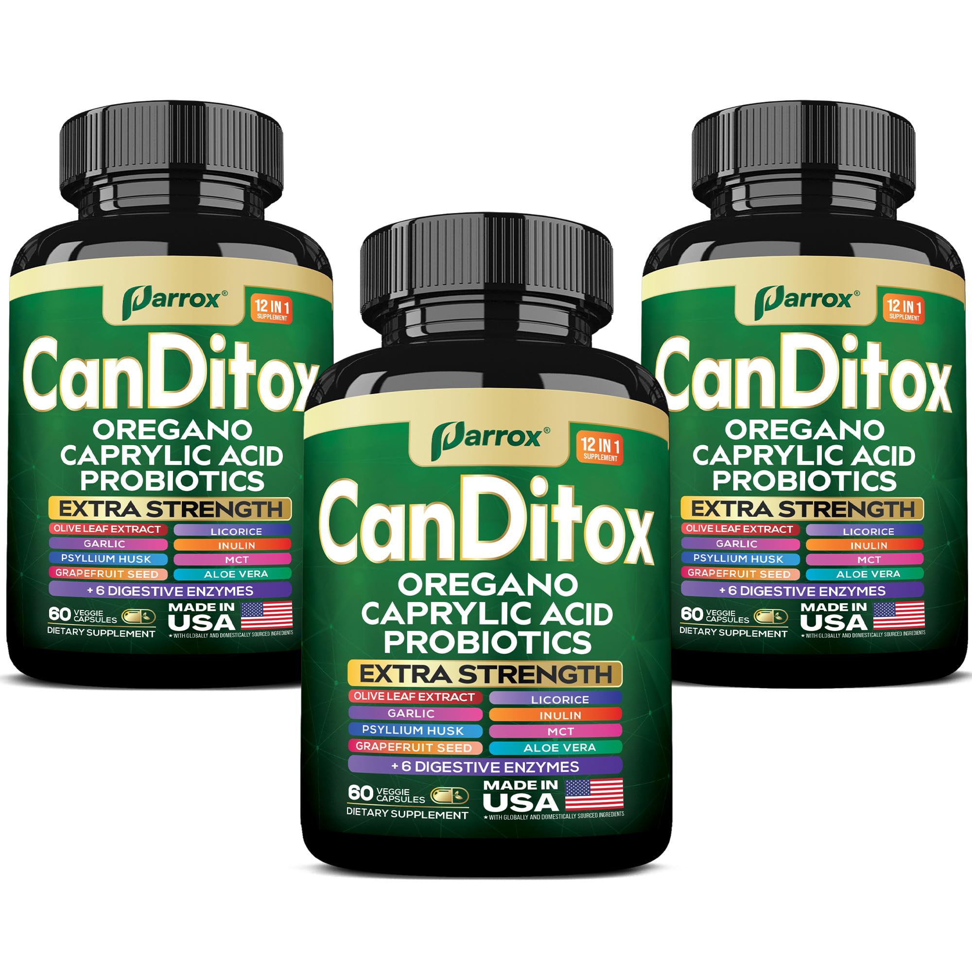 Parrox CanDitox Capsules bottle with oregano and garlic ingredients