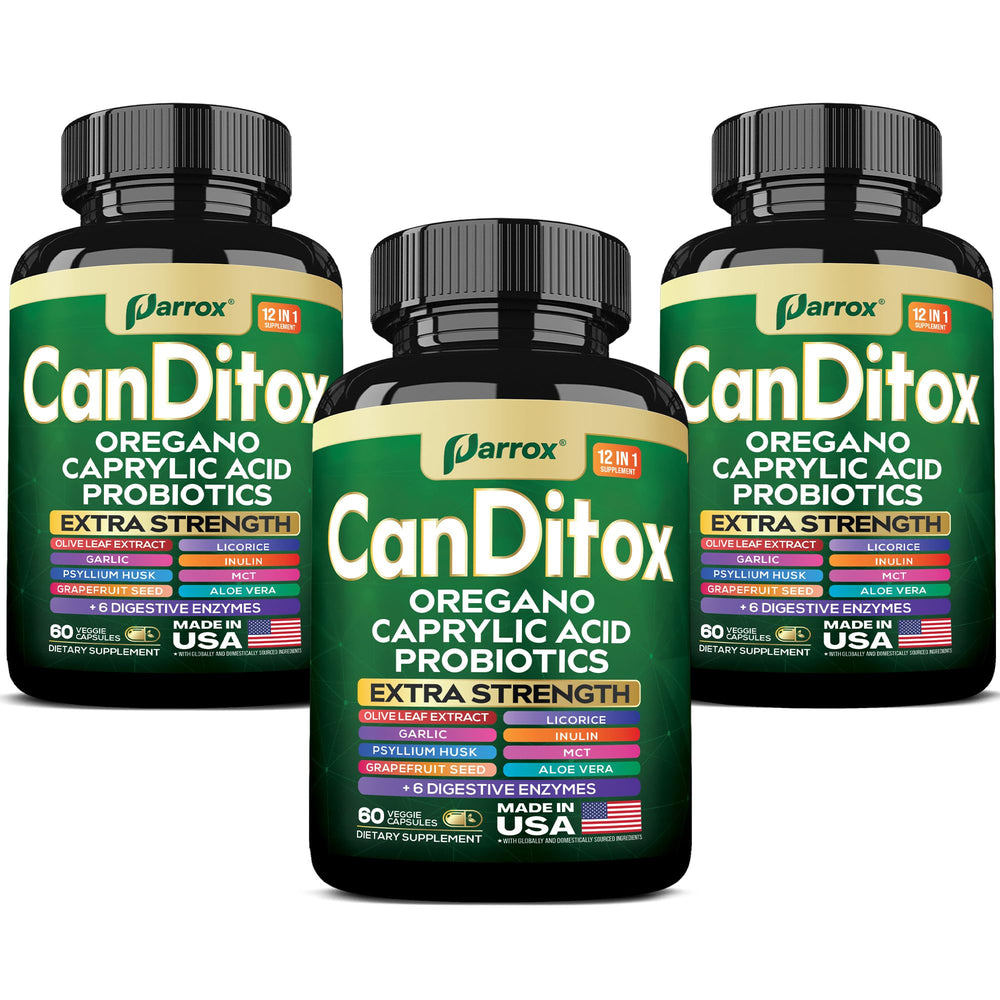 Parrox CanDitox Capsules bottle with oregano and garlic ingredients