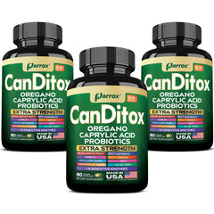 Parrox CanDitox Capsules bottle with oregano and garlic ingredients