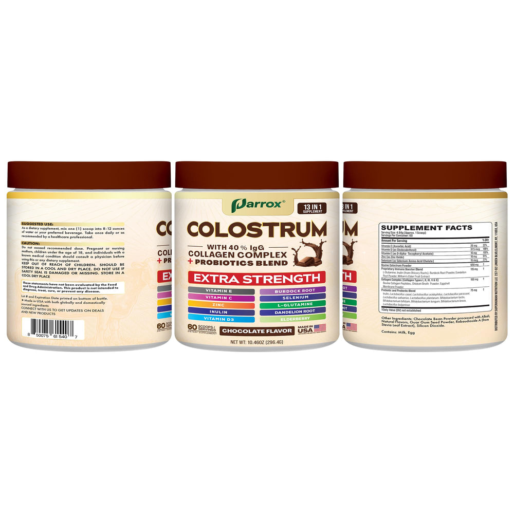 Parrox Colostrum Powder bottle label