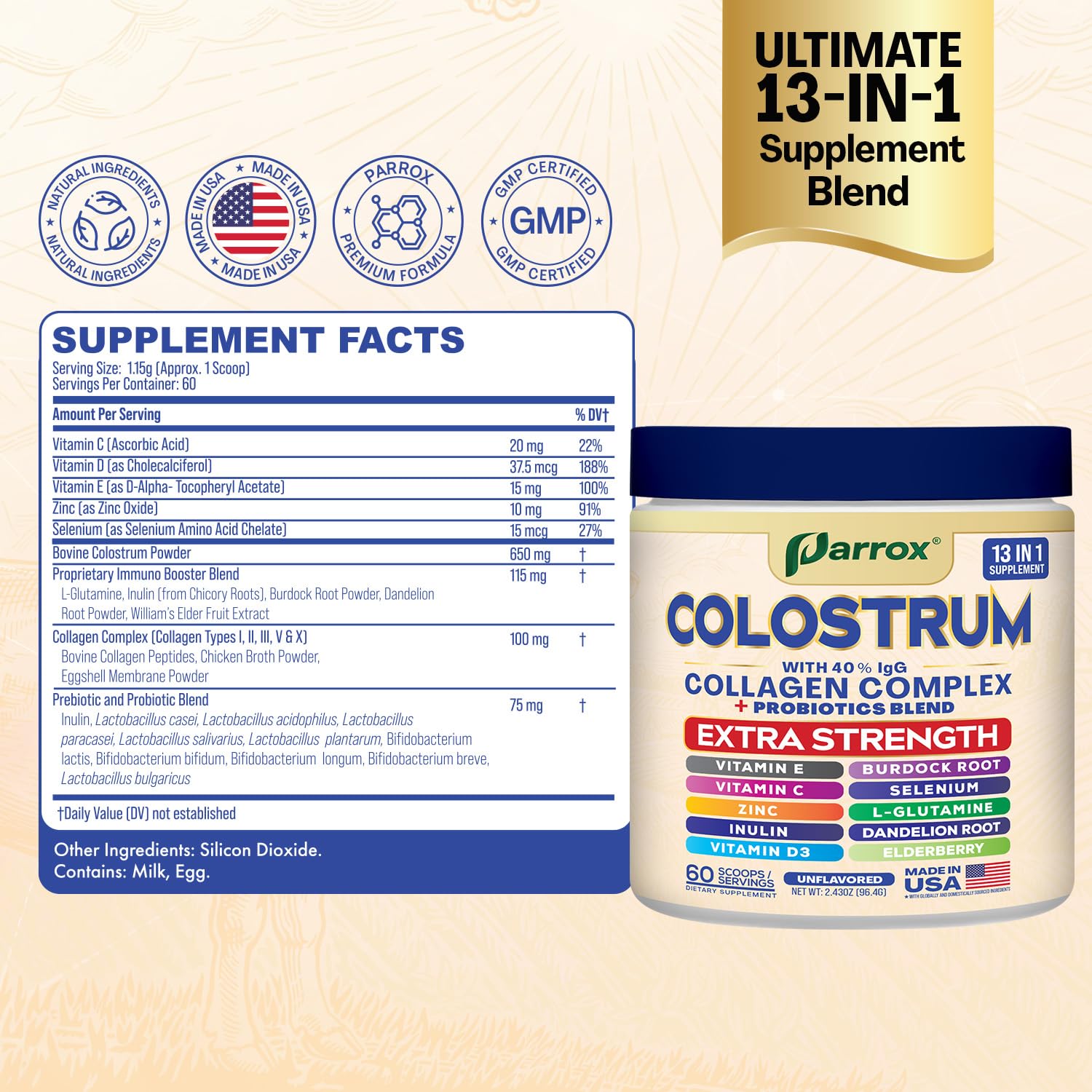 Collagen blend with probiotics and nutrients in Parrox Colostrum Powder