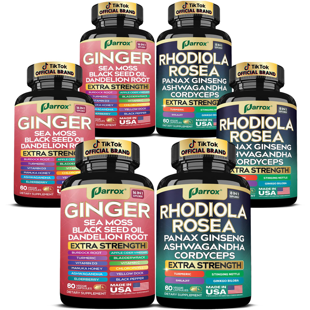 Front view of Parrox Dynamic Duo Herbal Bundle featuring ginger and rhodiola bottles