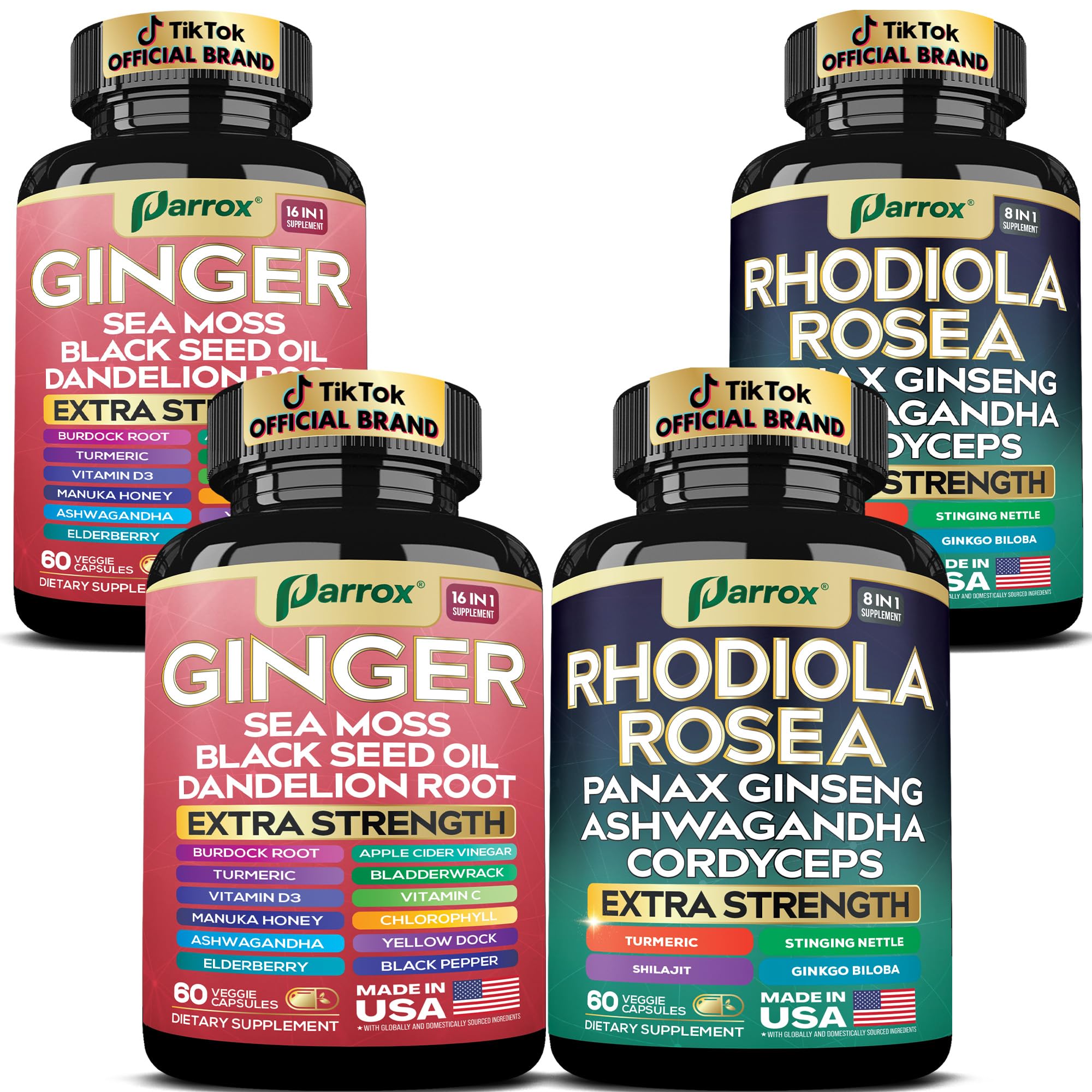 Parrox Dynamic Duo ginger and Rhodiola bottles close-up