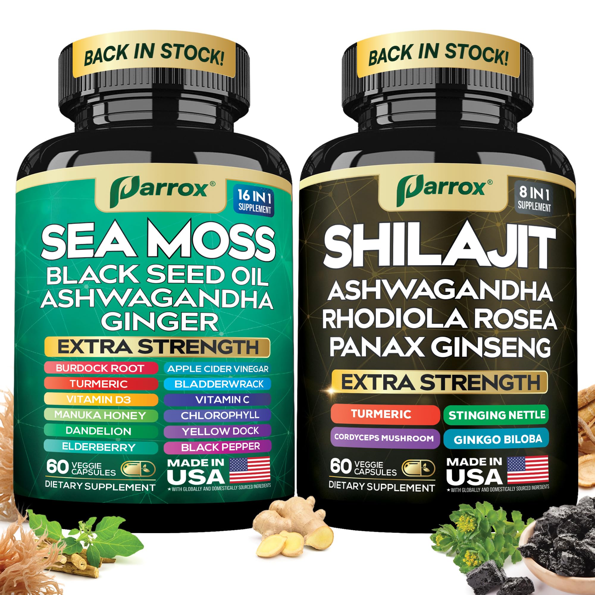 Dynamic Vitality Bundle two-bottle set showing shilajit and sea moss bottles