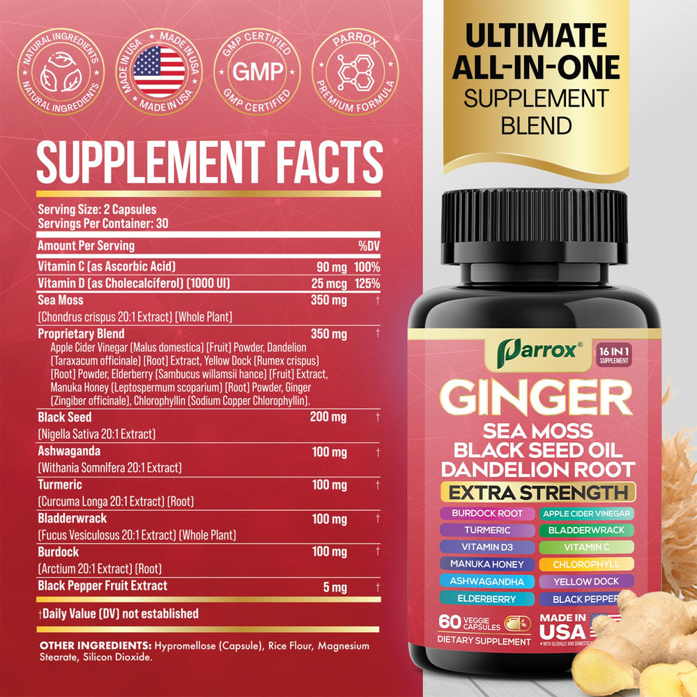 Parrox Ginger 16-in-1 ingredients overview on label