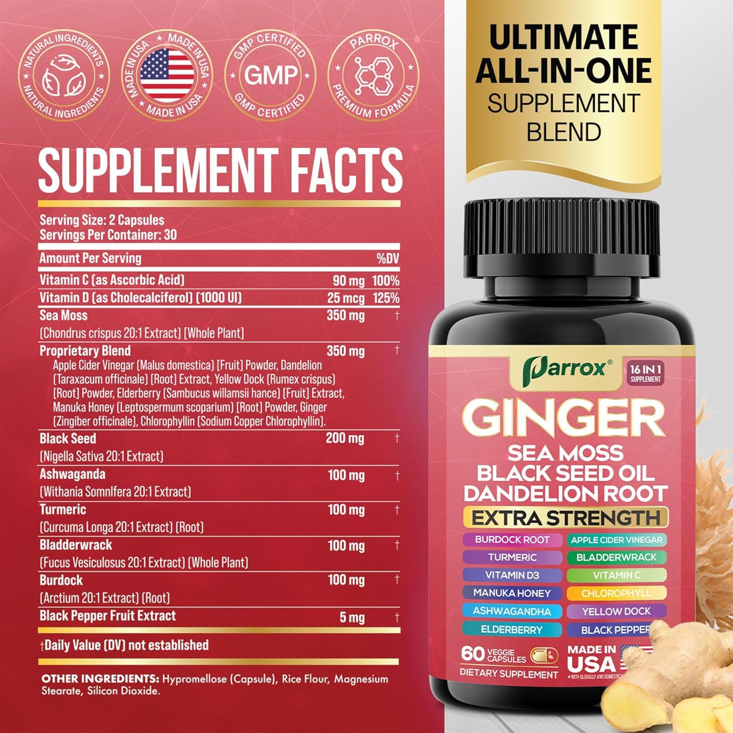 Parrox Ginger 16-in-1 bottle with label visible