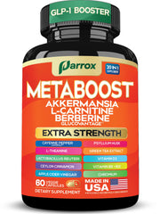 Front view of Parrox GLP-1 Booster bottle, 60 capsules
