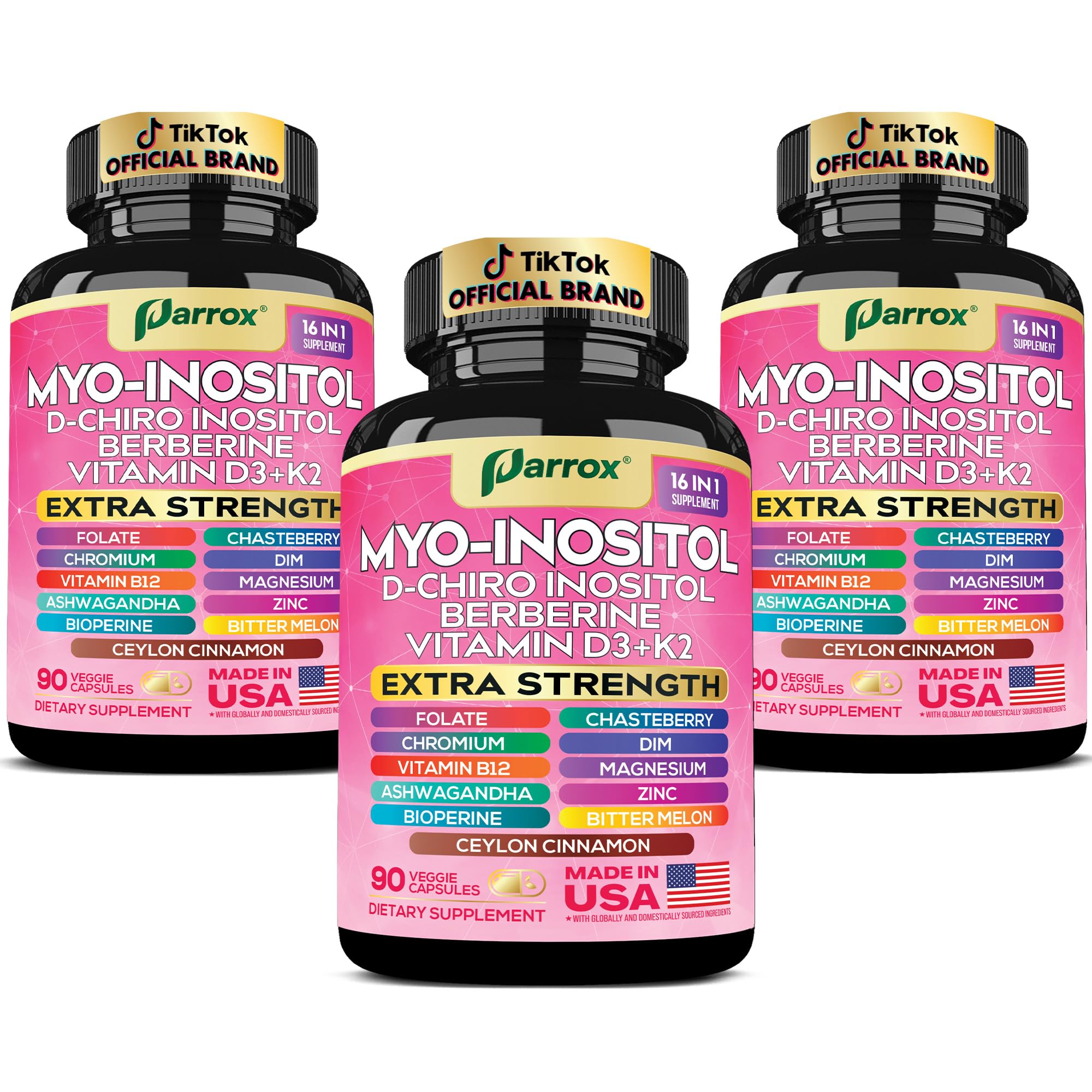 Parrox Myo-Inositol 16-in-1 formula bottle front with Berberine and D-Chiro Inositol