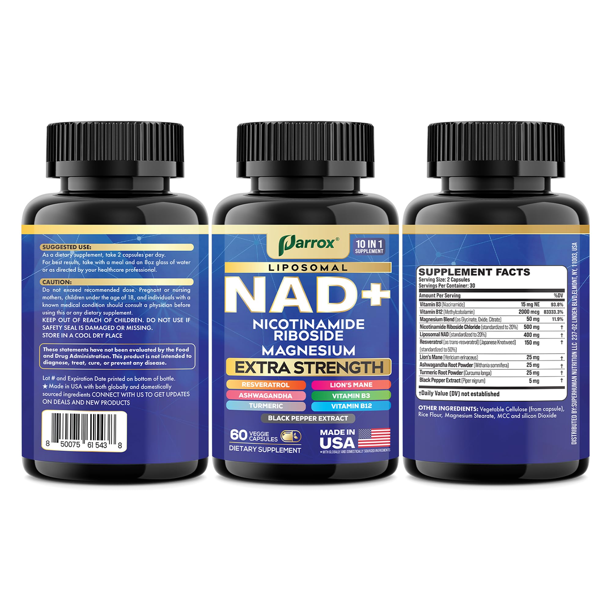 Parrox NAD+ bottle with packaging and product imagery