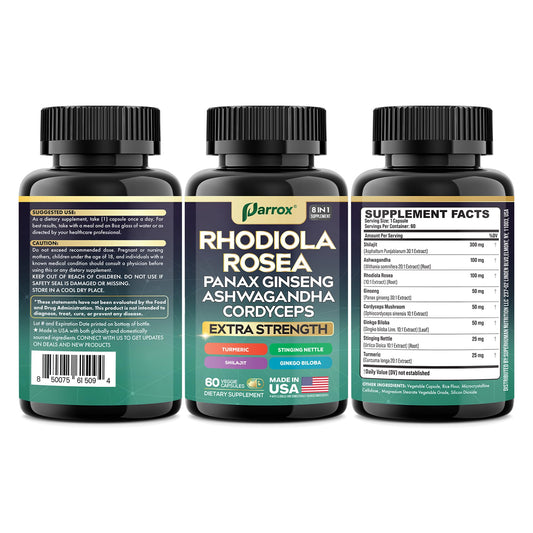 Parrox Rhodiola Rosea capsule bottle close-up