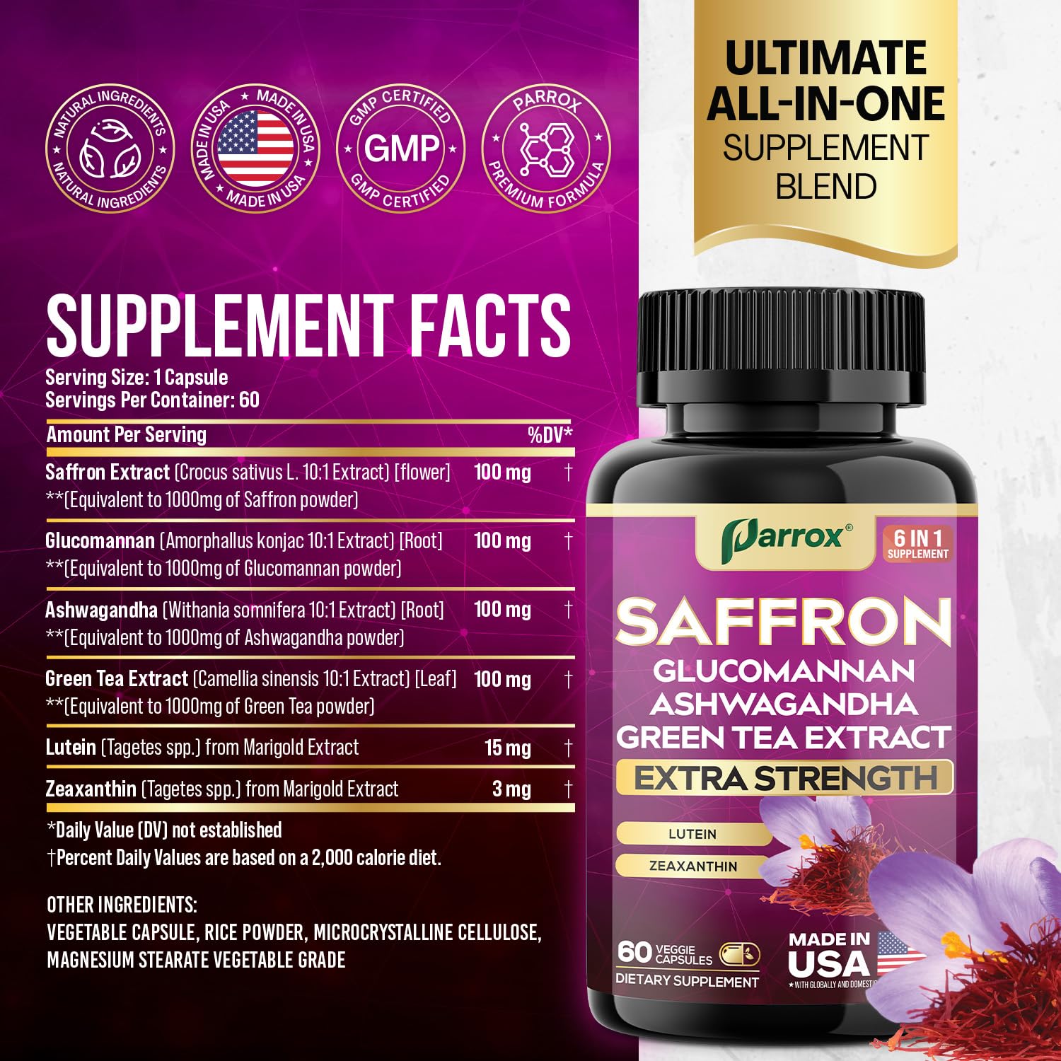 Parrox Saffron 6-in-1 supplement bottle – back label