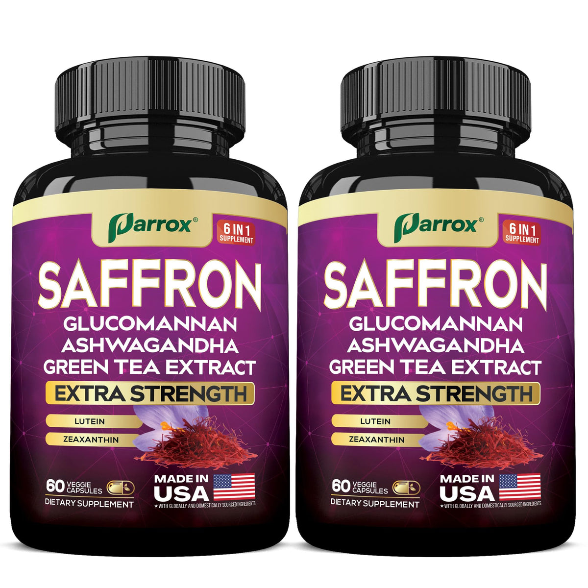 Parrox Saffron 6-in-1 supplement bottle – front