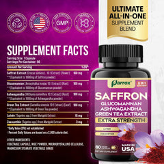Close-up of ingredients: saffron, glucomannan, ashwagandha, green tea extract, lutein, zeaxanthin