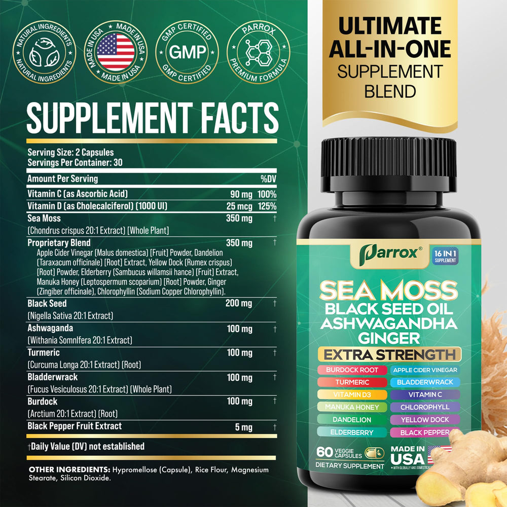 Ingredient list and 16-in-1 formula highlight for Parrox capsules