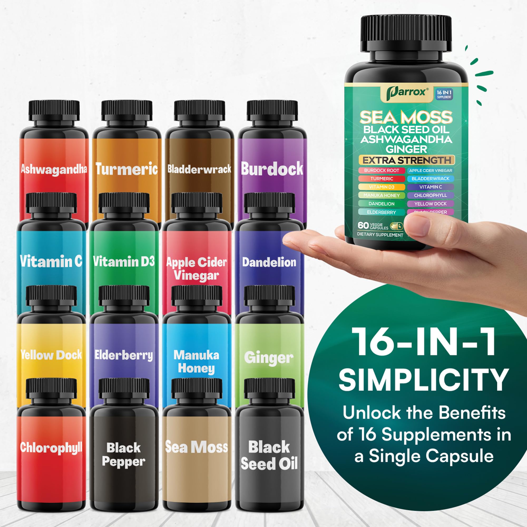 Collage of sea moss, black seed oil, ashwagandha and other ingredients