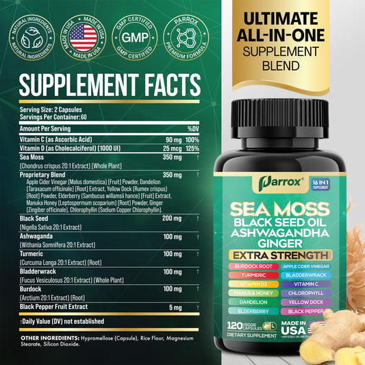 Back view of Parrox Sea Moss 16-in-1 Capsules bottle with supplement facts