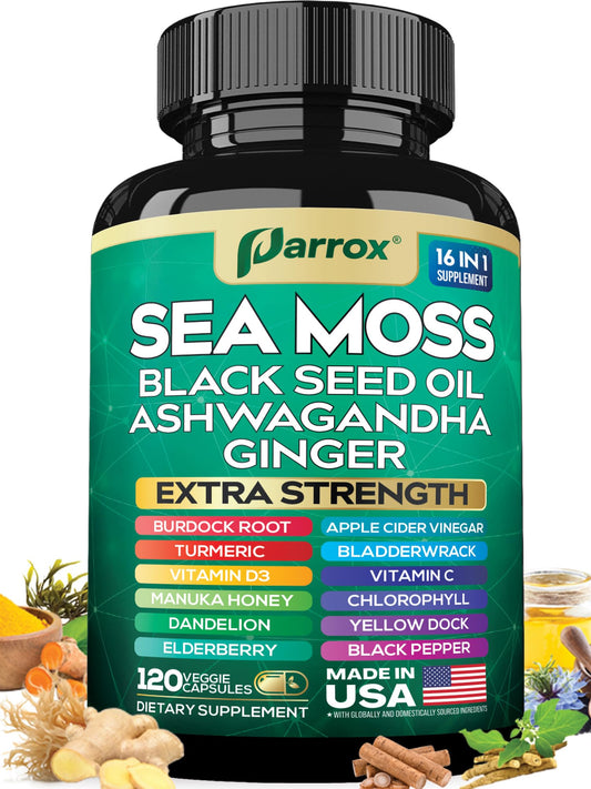 Front view of Parrox Sea Moss 16-in-1 Capsules bottle