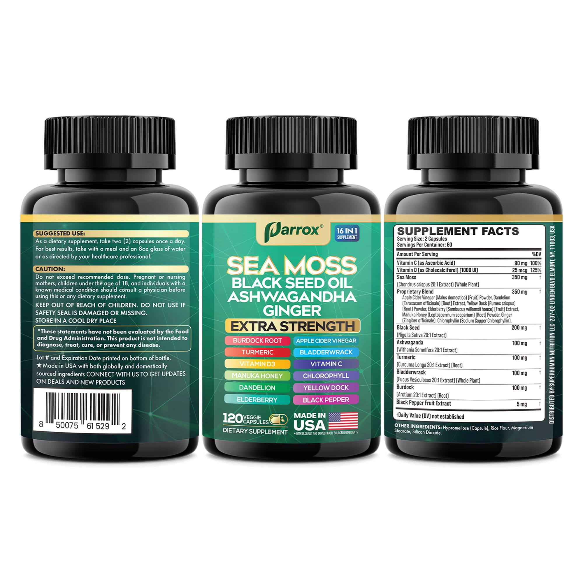 Macro close-up of Parrox Sea Moss 16-in-1 Capsules