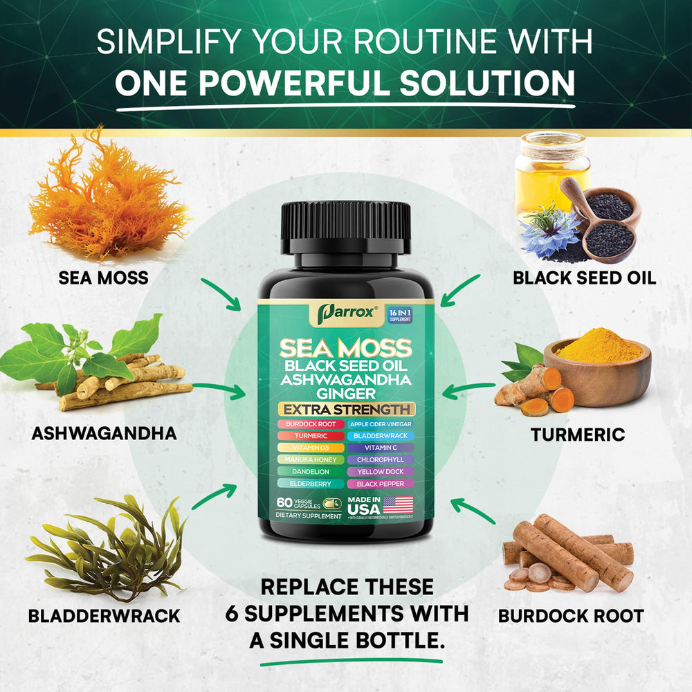 Parrox Sea Moss capsules with turmeric and ginger imagery