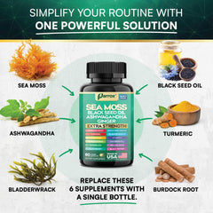Parrox Sea Moss capsules with turmeric and ginger imagery