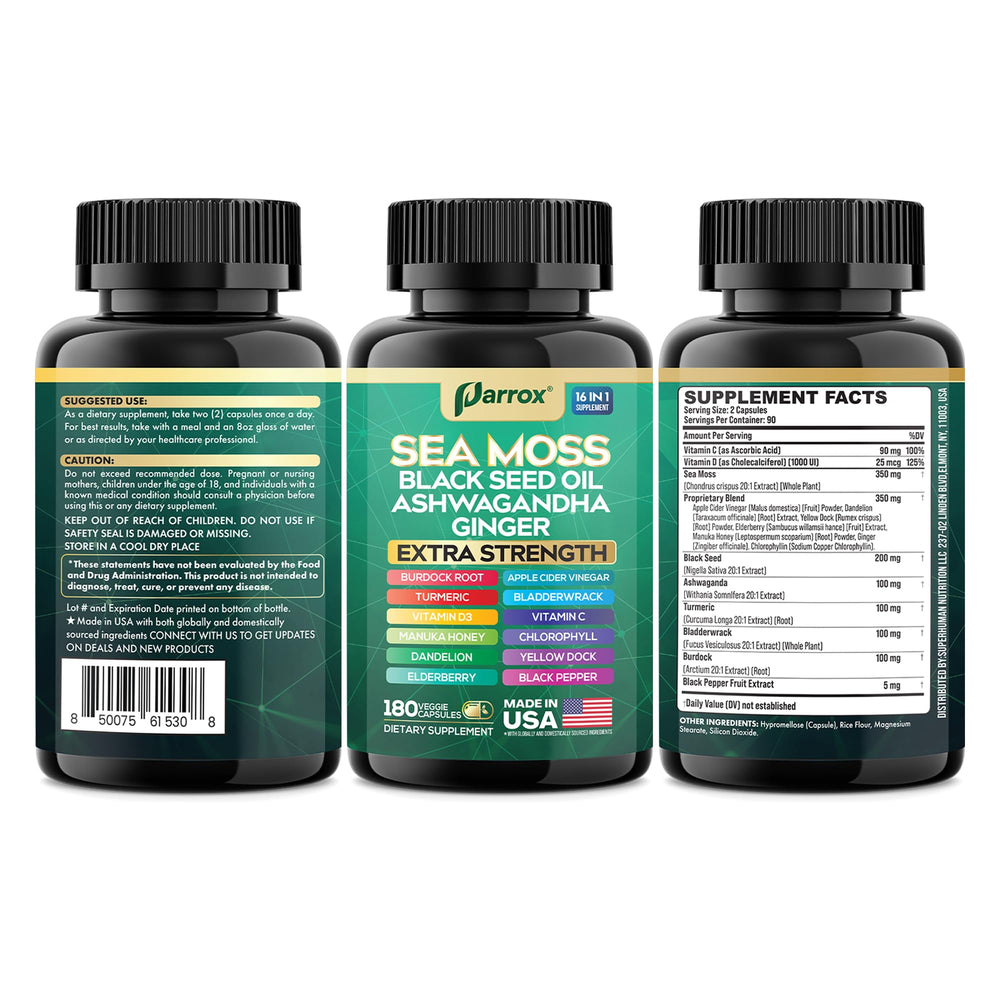 Parrox Sea Moss packaging and bottle