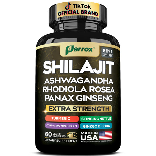 Parrox Shilajit 8-in-1 supplement bottle front view