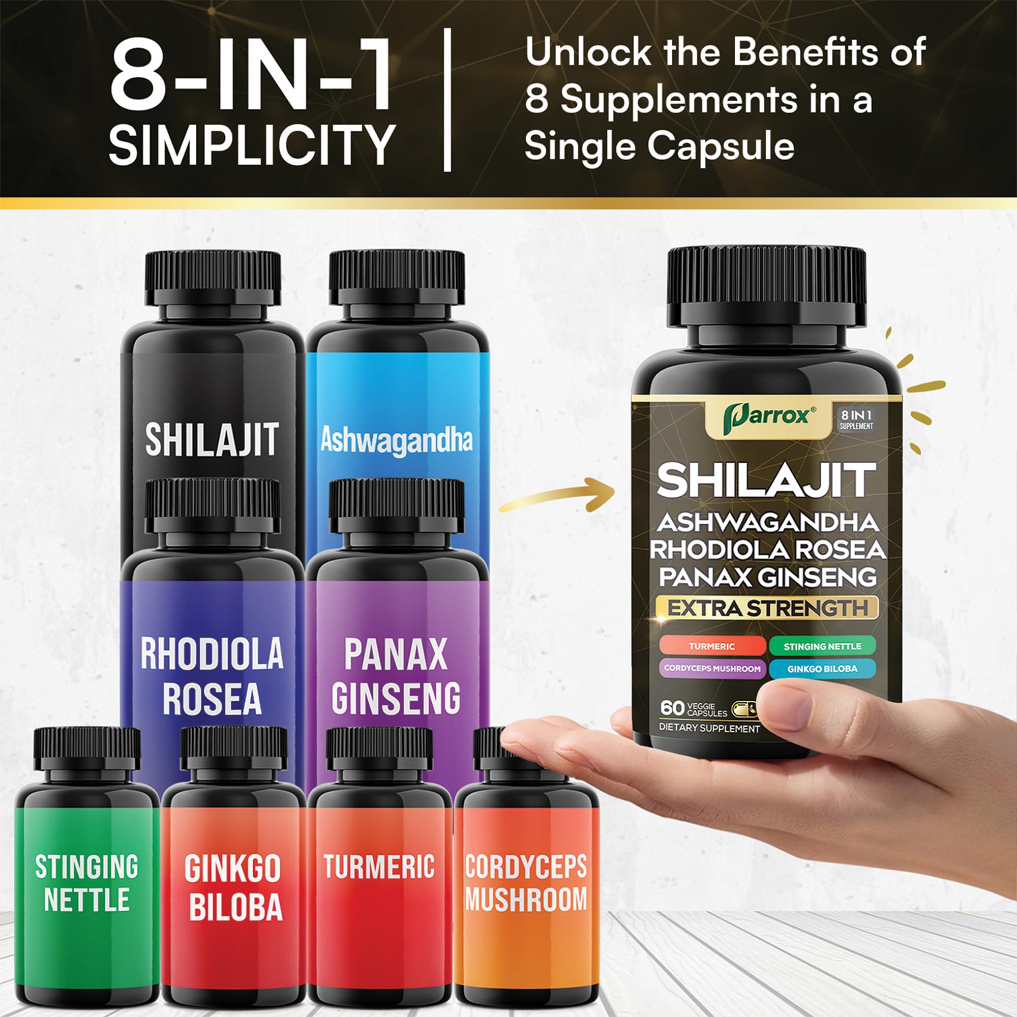 Parrox Shilajit 8-in-1 bottle with label