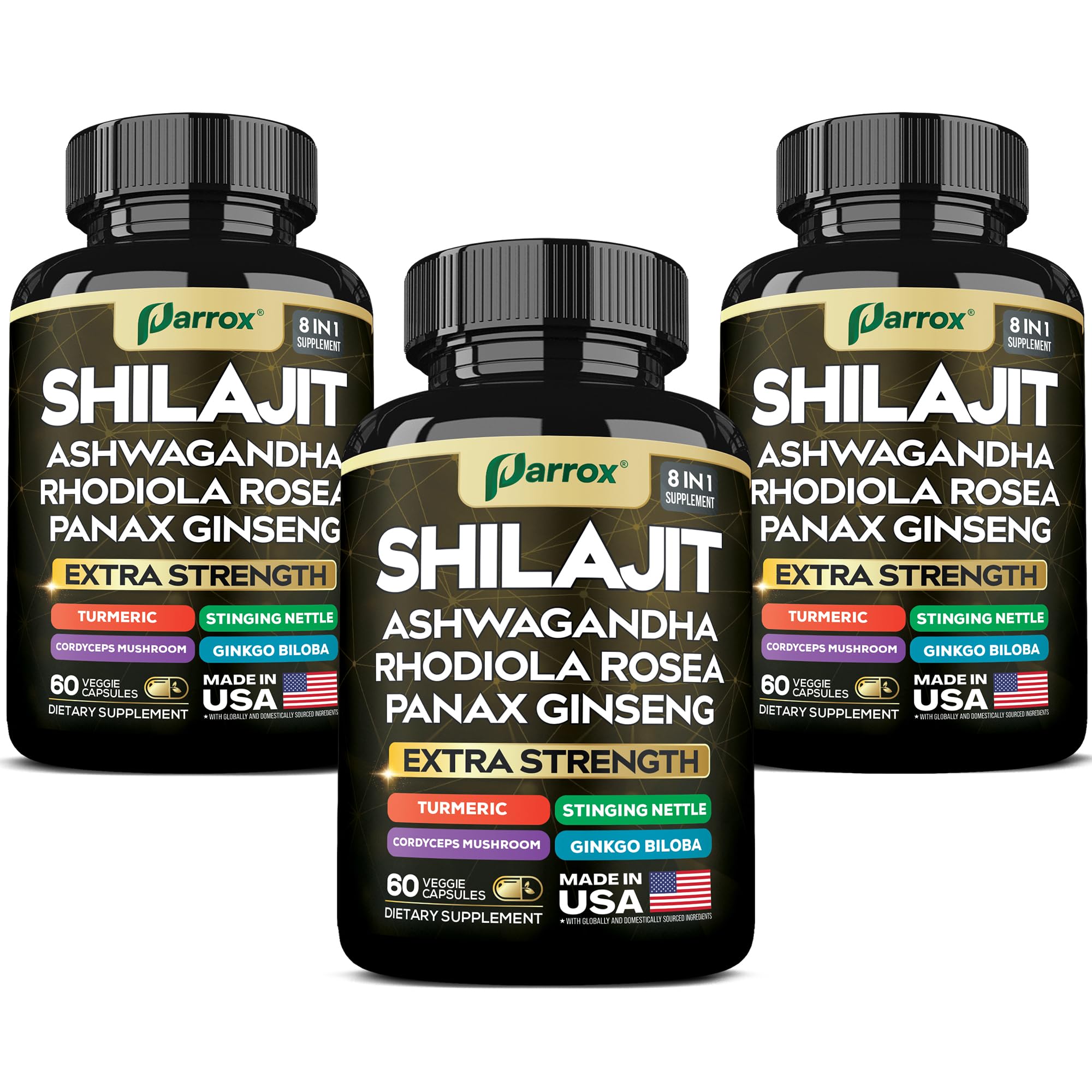 Parrox Shilajit 8-in-1 supplement bottle with 180 capsules
