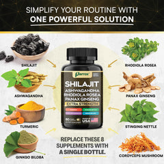 Shilajit 8-in-1 supplement bottle featured with botanical ingredients