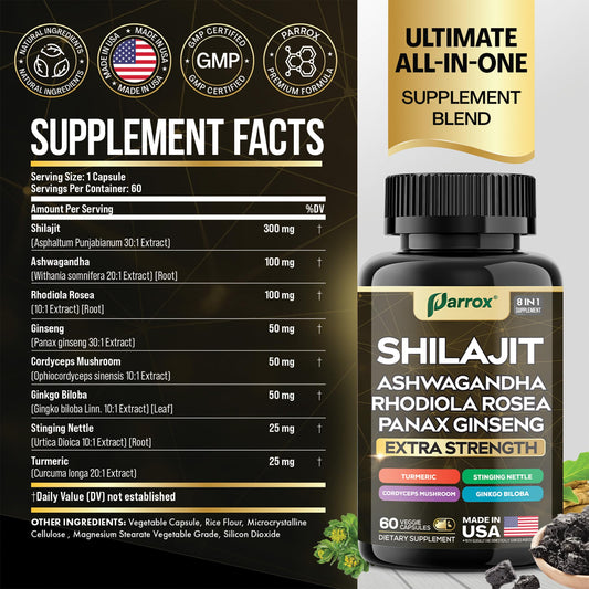 Close-up of Parrox Shilajit 8-in-1 capsules