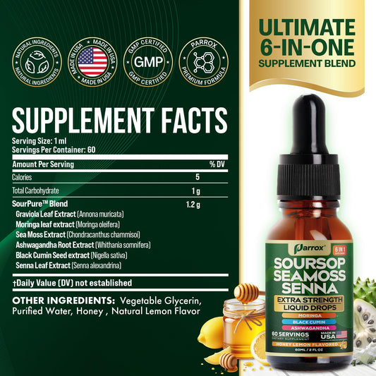 1 ml dropper dispensing Parrox Soursop Seamoss Senna Liquid Drops