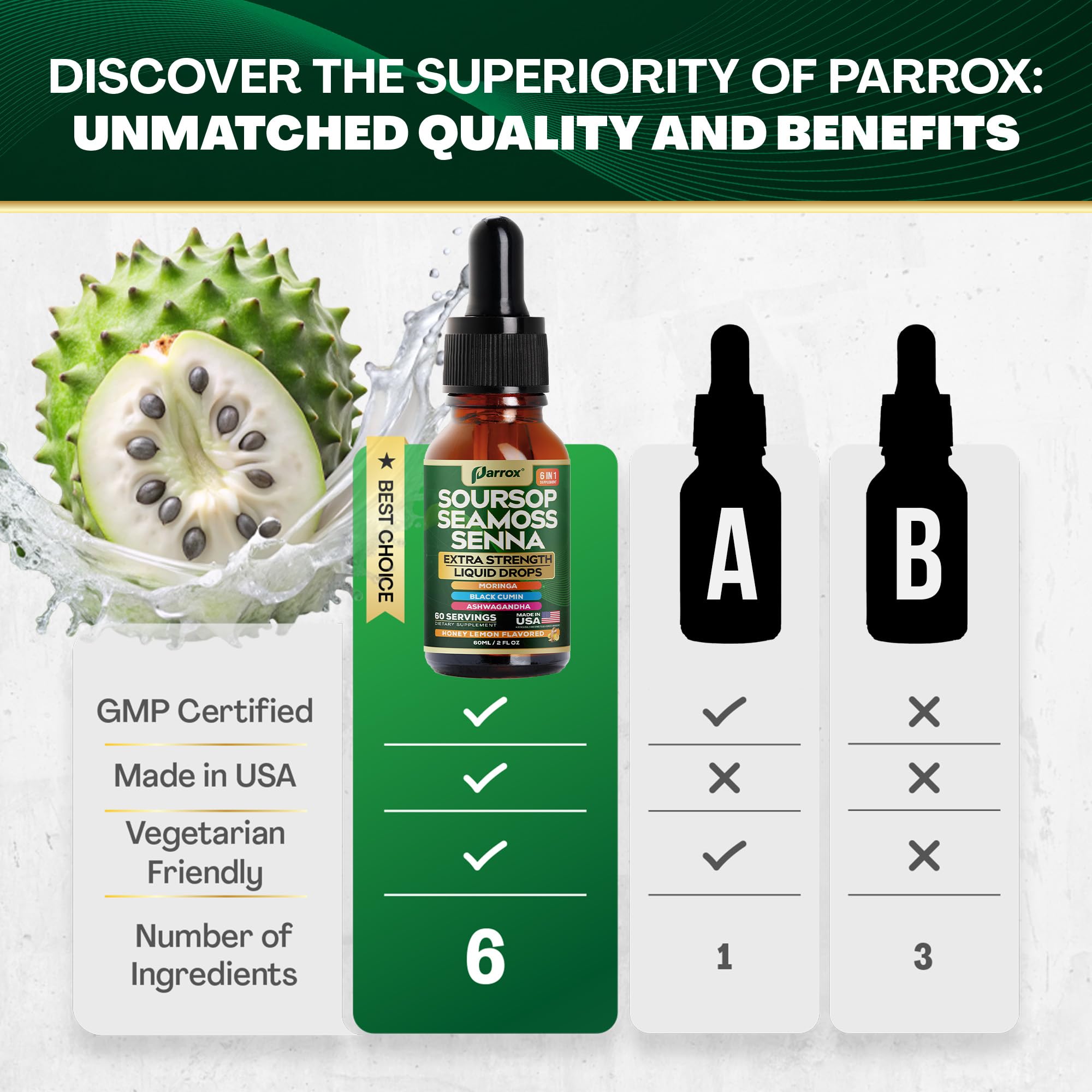 Parrox Soursop Seamoss Drops packaging showing 60 servings