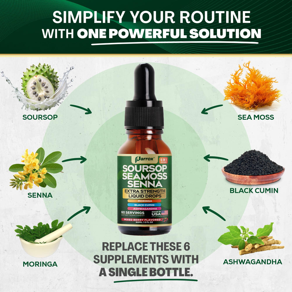 Key botanicals: Soursop, Sea Moss, Senna, Moringa, Ashwagandha, Black Cumin