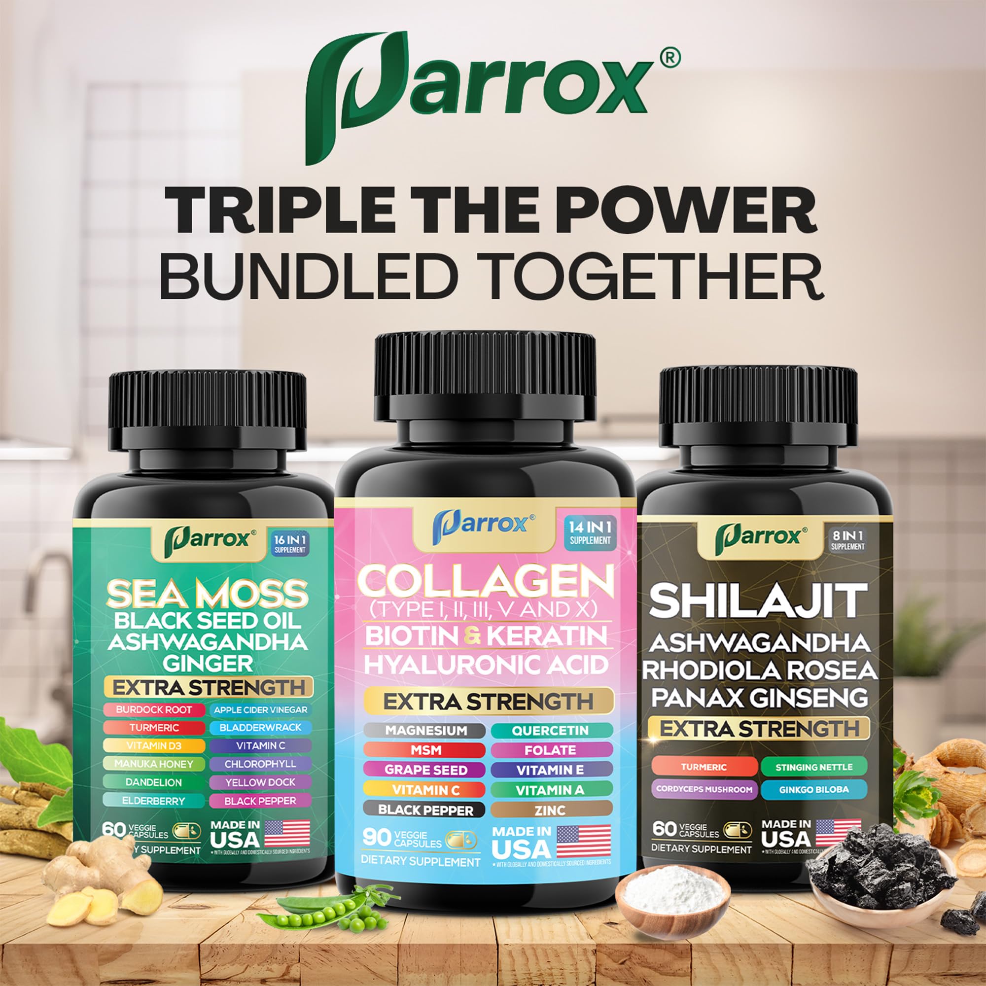 Close-up of key ingredients: Sea Moss, Black Seed, Turmeric