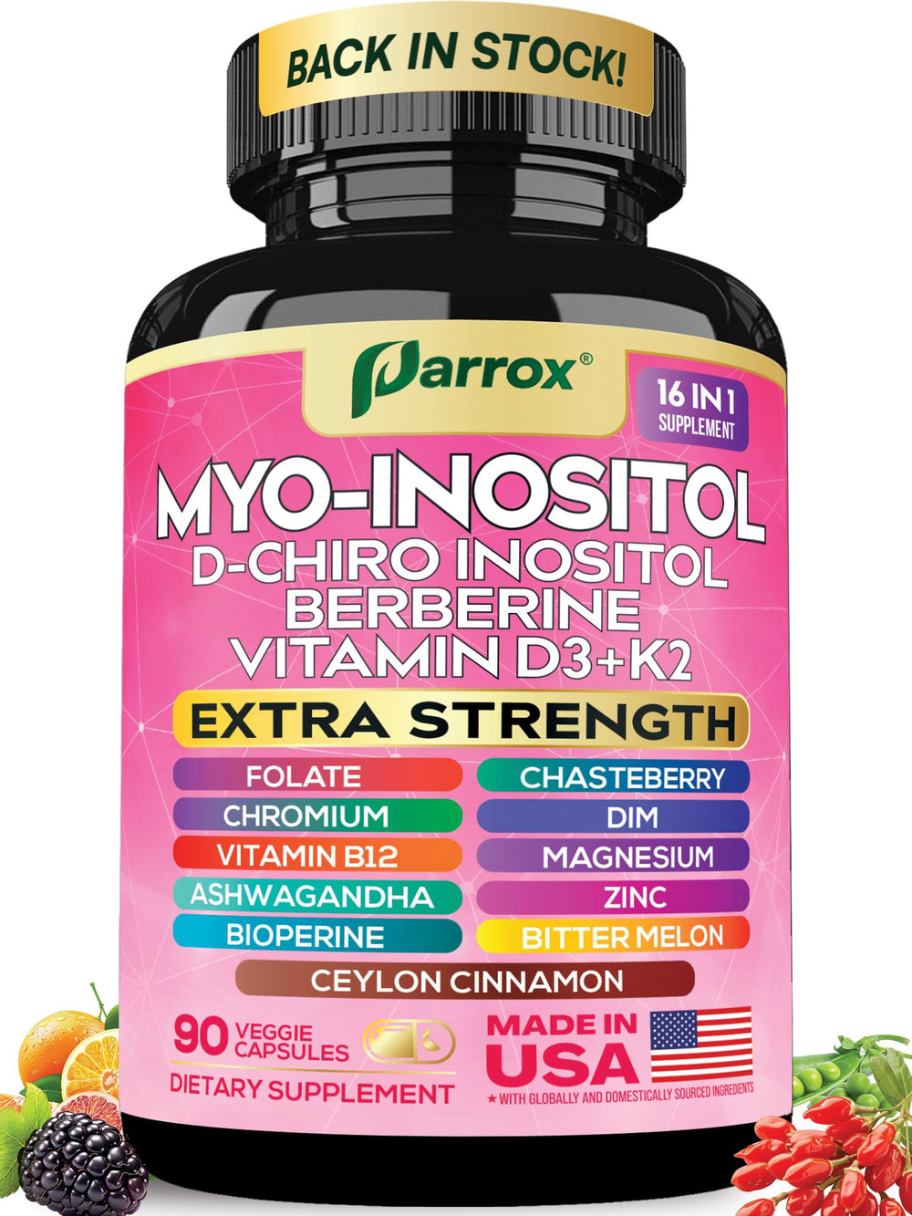 Front view of Parrox Myo Inositol supplement bottle