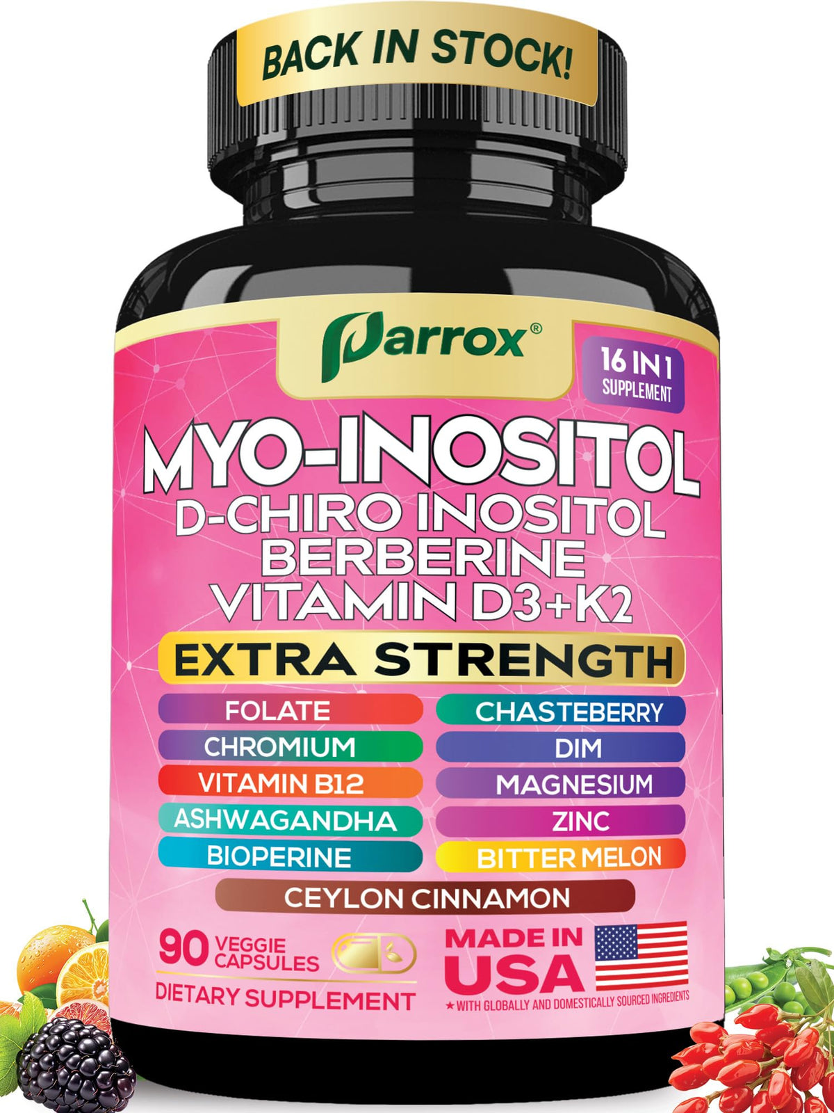 Front view of Parrox Myo Inositol supplement bottle