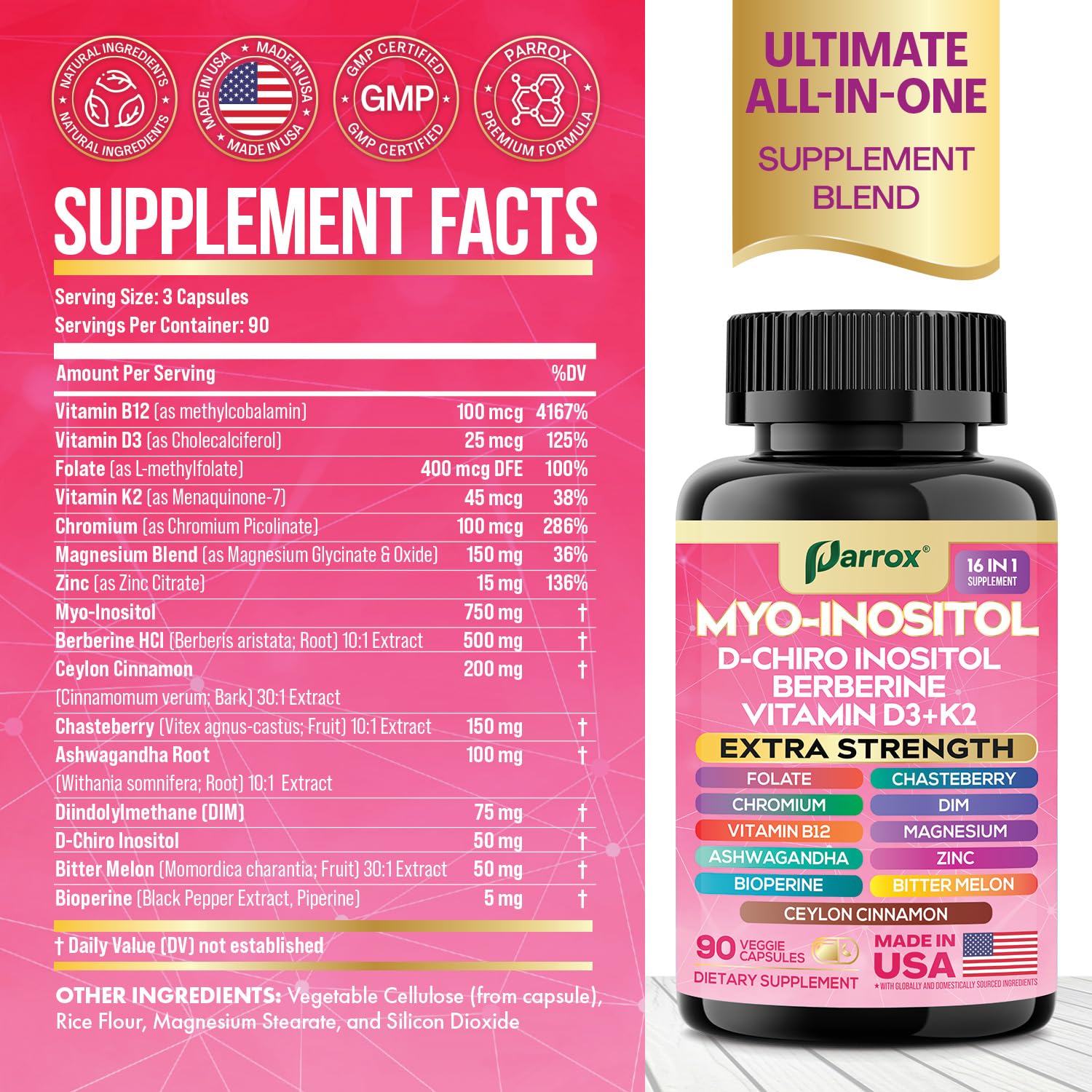 Close-up of label on Parrox Myo Inositol bottle