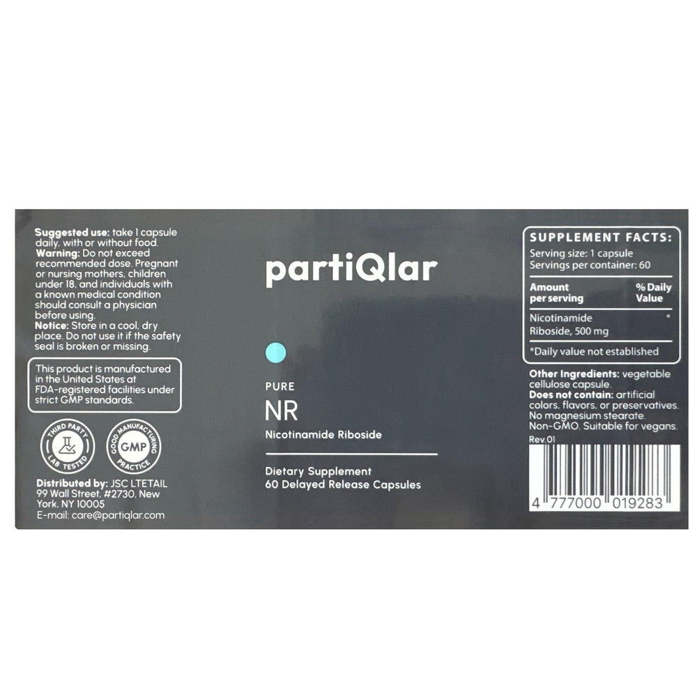 PartiQlar NR capsules close-up highlighting the 500mg dosage.