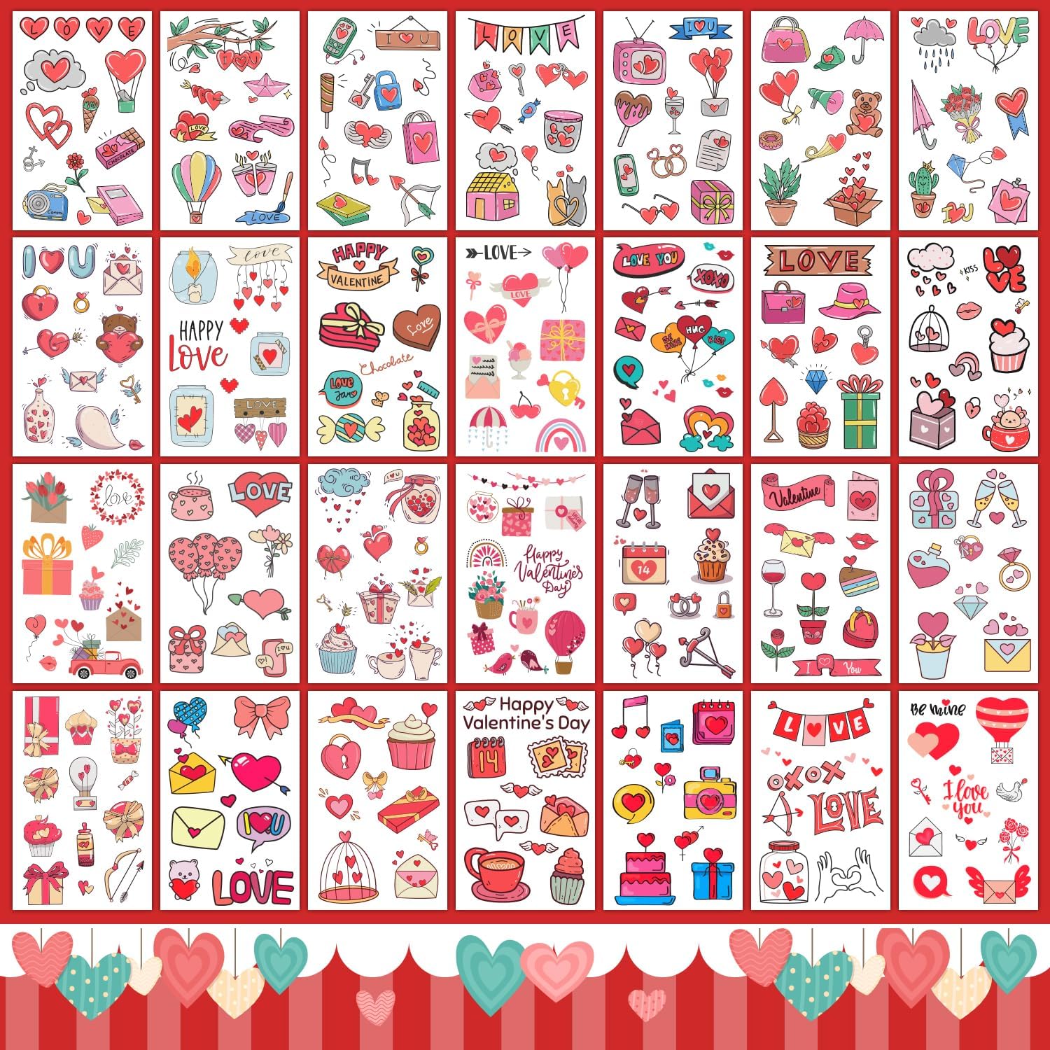 PARTYWIND love tattoo sheets with bold LOVE text for exchanges and celebrations