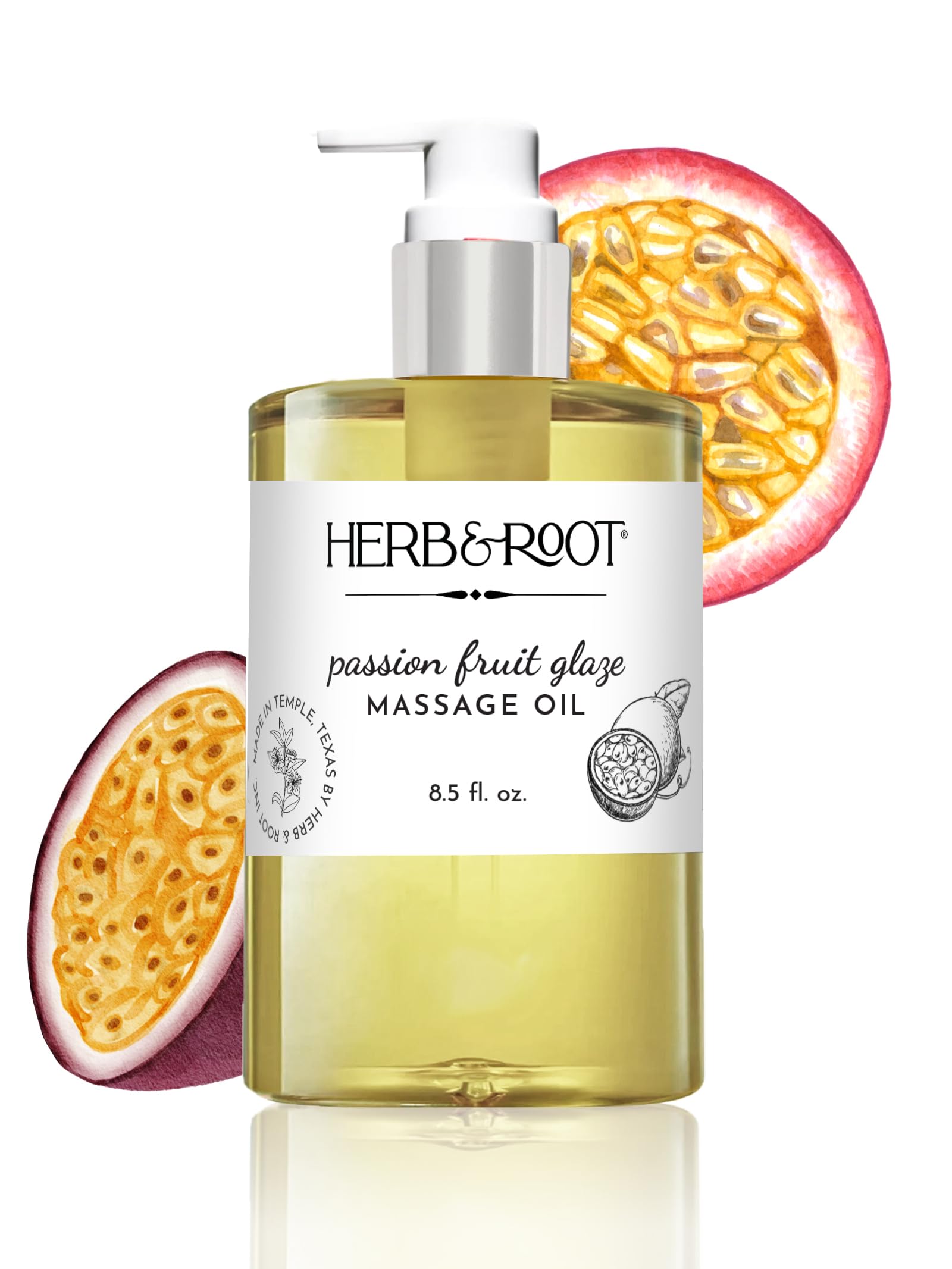 Passion Fruit Glaze Massage Oil bottle with tropical background