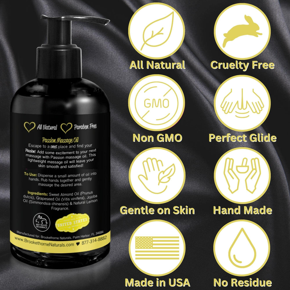 USA-made, paraben-free Passion Massage Oil, cruelty-free