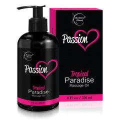 Bottle of Passion Sensual Massage Oil with tropical scent