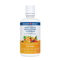 Passion 4 Life Mega Liquid Multivitamin bottle with turmeric for daily energy support.