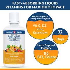 Pouring Passion 4 Life liquid multivitamin showing easy daily intake.