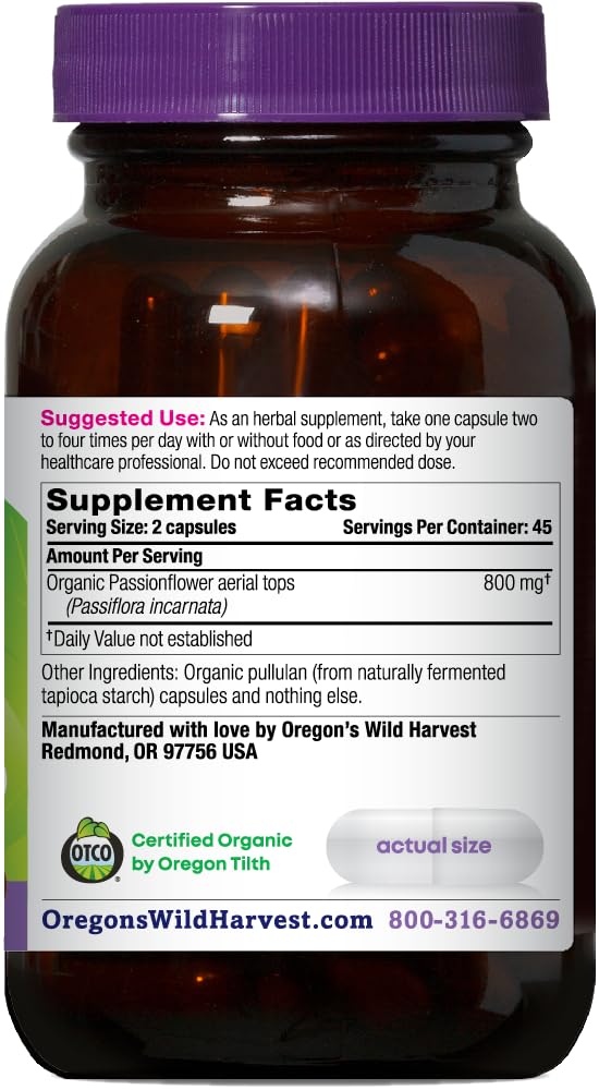Organic passionflower aerial tops used in the capsules