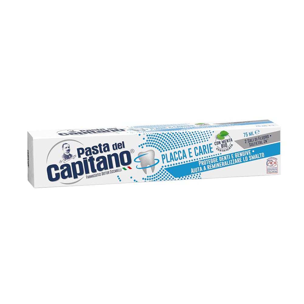 Toothpaste packaging highlighting plaque and cavities protection